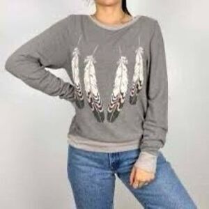 Wild Fox Gray Feather Graphic Print Oversized Pullover Sweatshirt Size XS